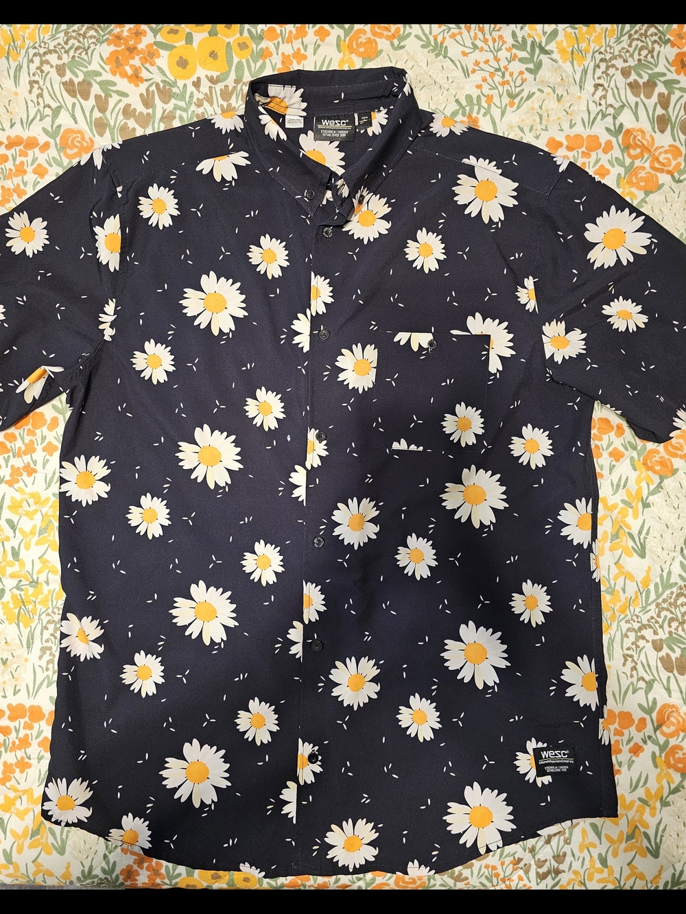 WeSC Navy Short Sleeve Button-Down with White & Yellow Daisy Print